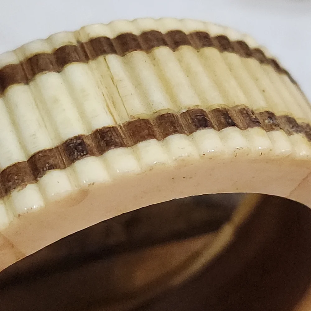 Vintage Boho Faux Bone Resin With Wood Inlay Bangle Cuff Bracelet